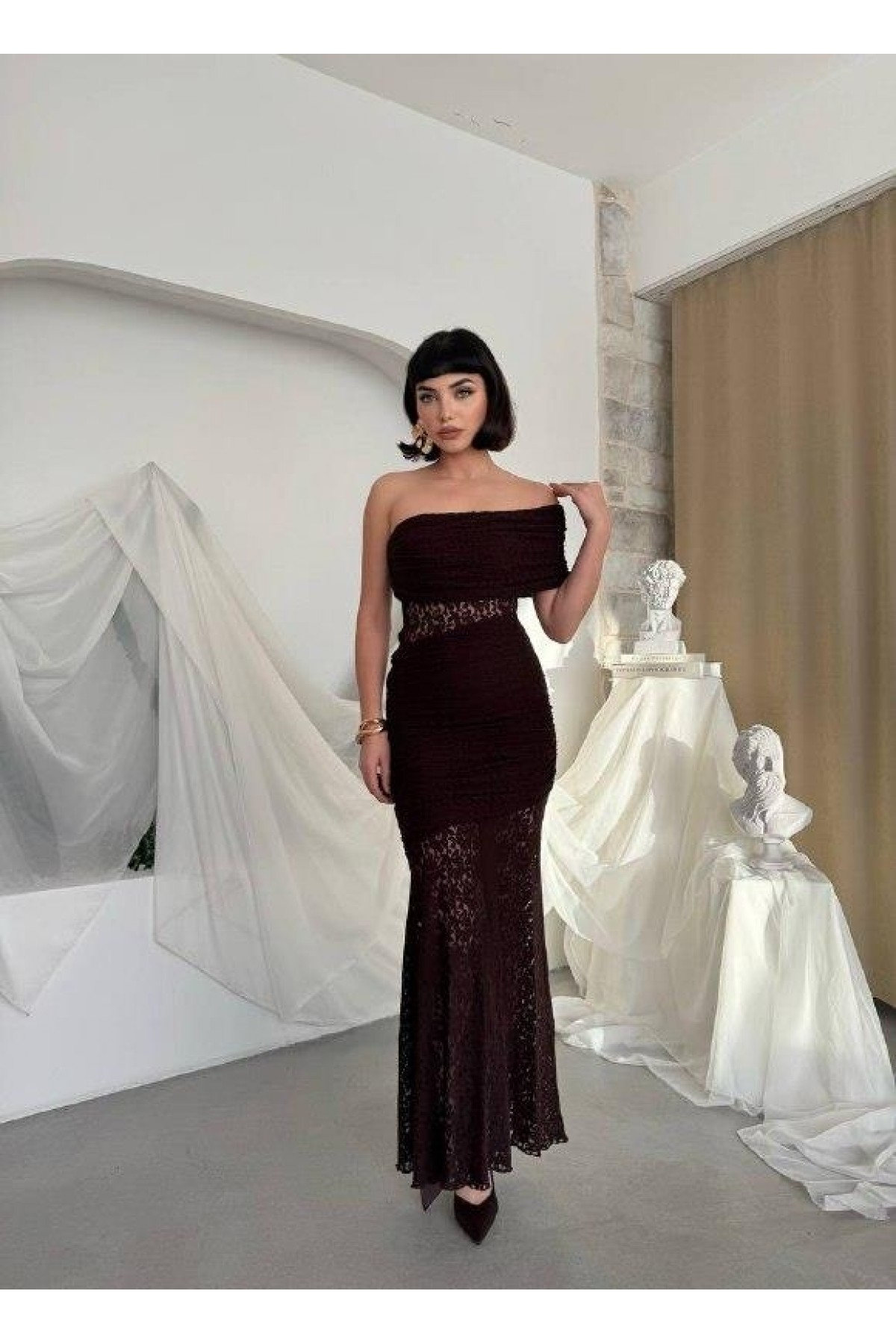 Tıva Midi Elbise ETK-00826-kahve