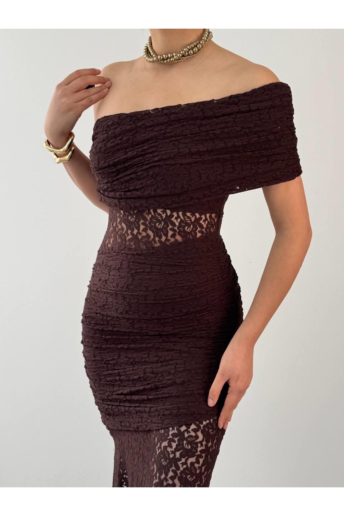 Tıva Midi Elbise ETK-00826-kahve