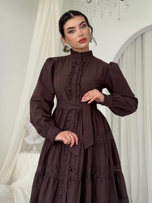Verno Kemer Detaylı Elbise ETK-00827-kahve