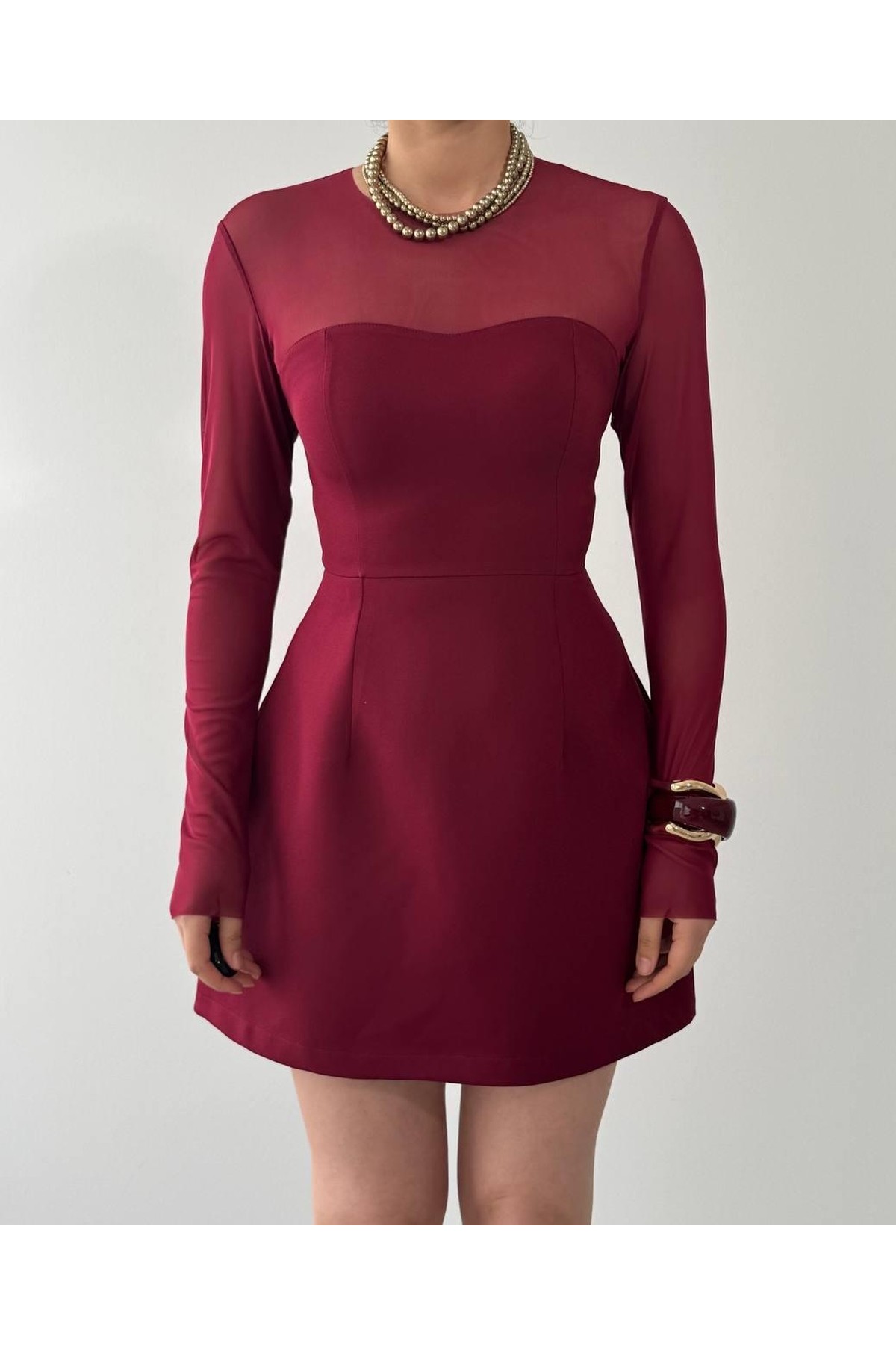 Nessa Transparan Elbise ETK-00832-bordo