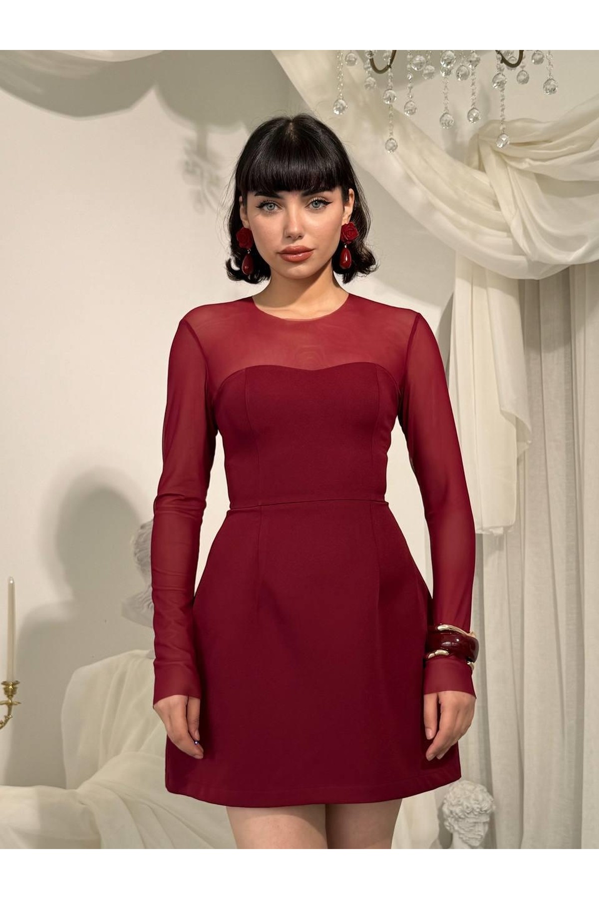Nessa Transparan Elbise ETK-00832-bordo