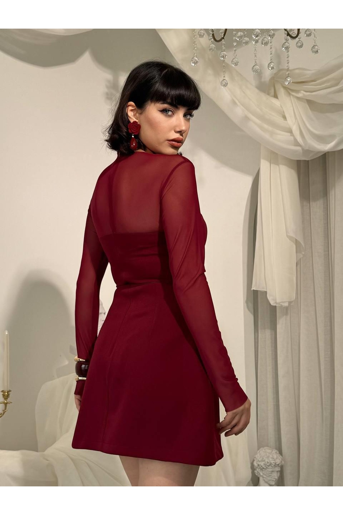 Nessa Transparan Elbise ETK-00832-bordo