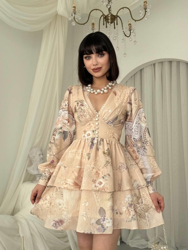 Olven Düğme Detaylı Elbise ETK-00837-cicek-desen