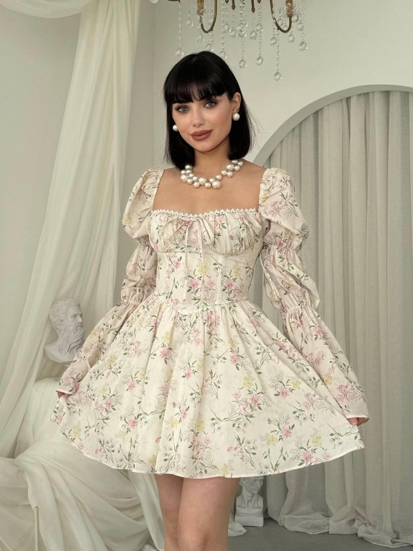 Taren Mini Elbise ETK-00838-cicek-desen