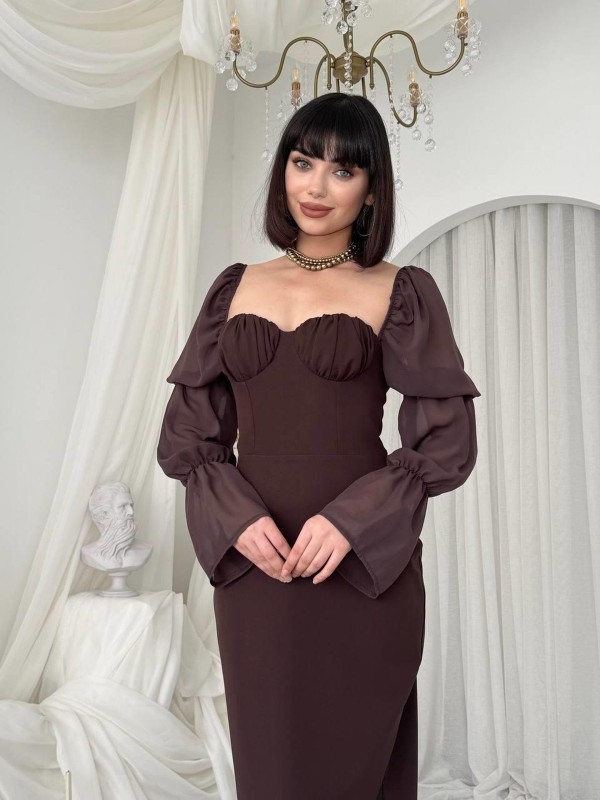 Kessy Midi Elbise ETK-00839-kahve