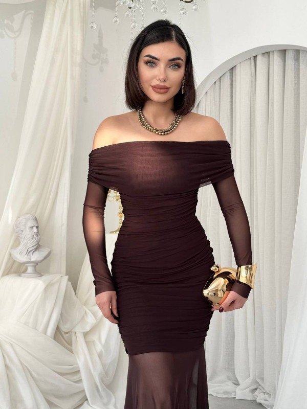 Kovıa Straplez Elbise ETK-00842-kahve