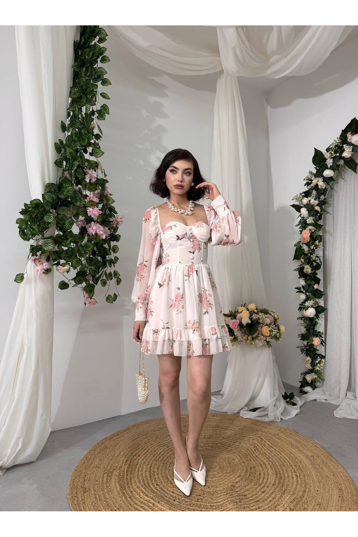 Pıxın Mini Elbise ETK-00859-cicek-desen