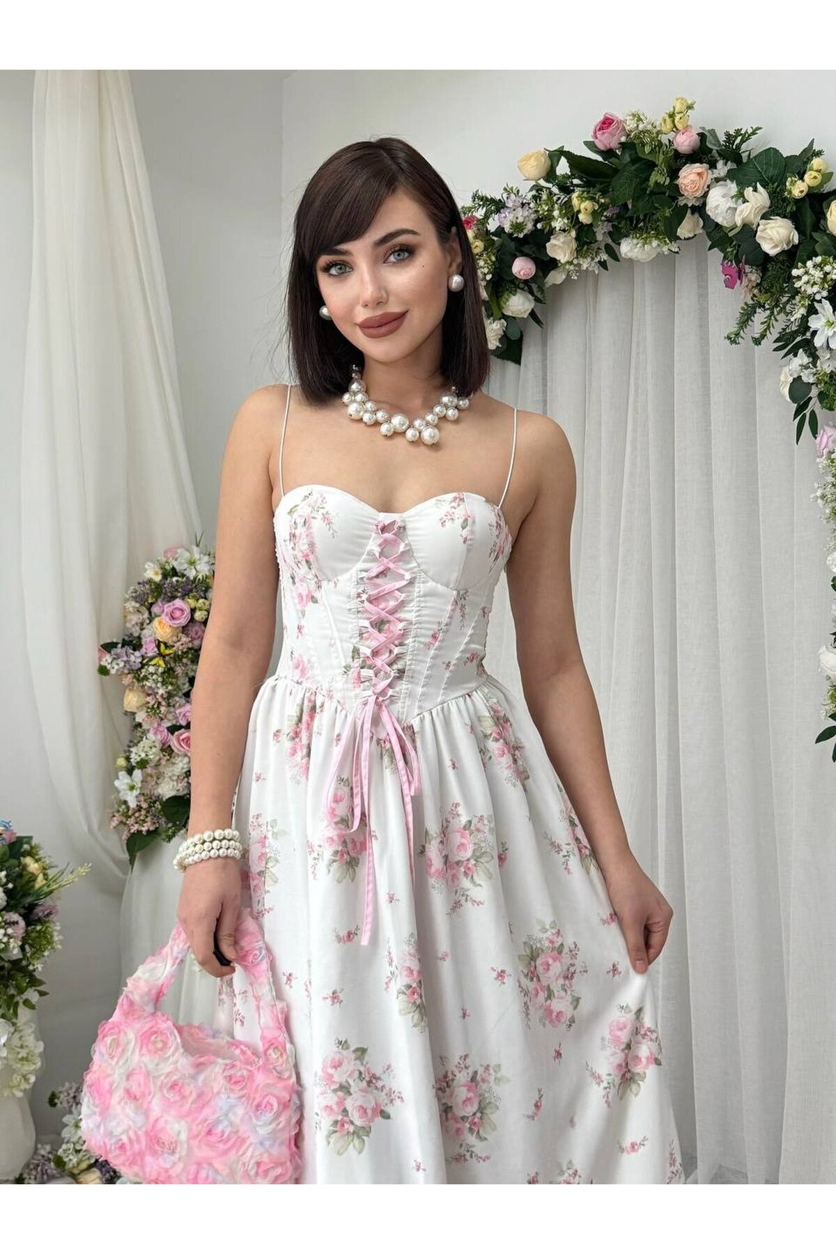 Vrone Bağcık Detaylı Elbise ETK-00860-cicek-desen