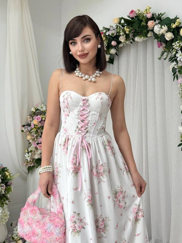 Vrone Bağcık Detaylı Elbise ETK-00860-cicek-desen