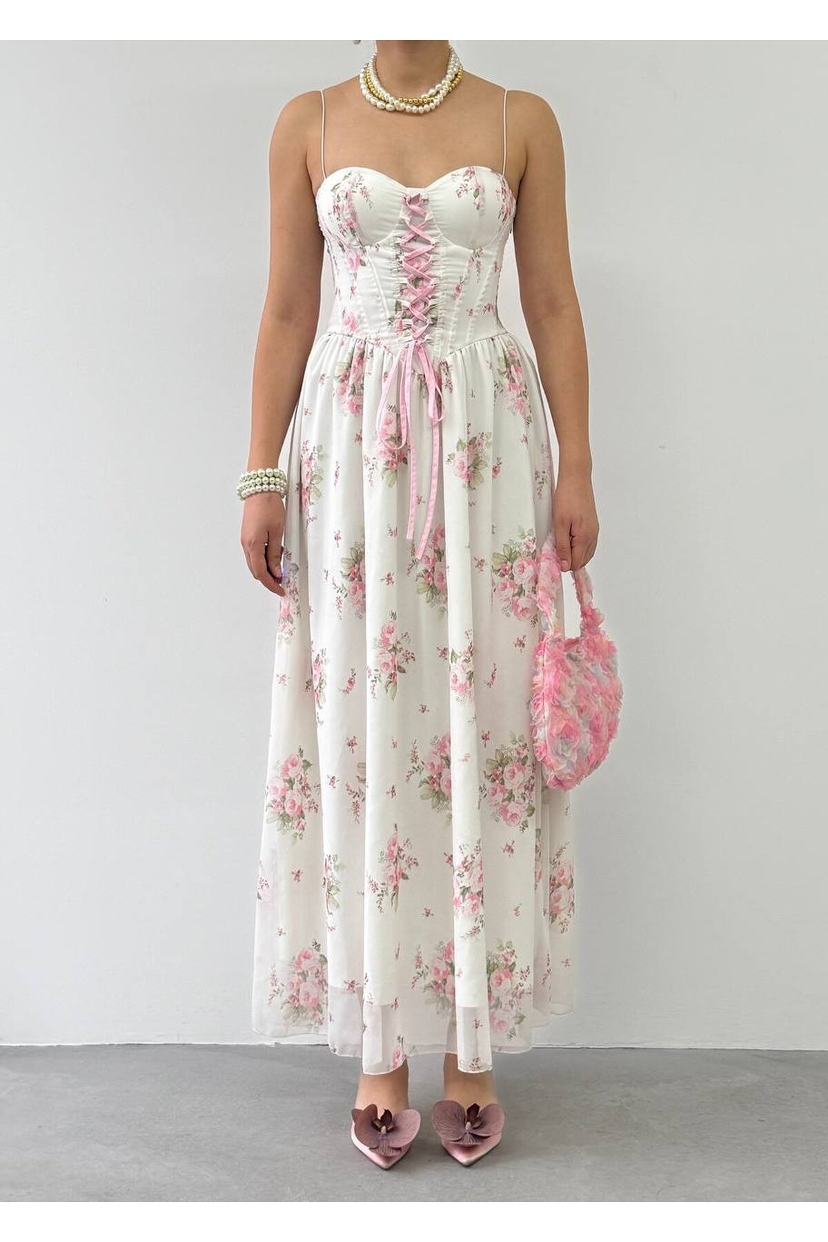 Vrone Bağcık Detaylı Elbise ETK-00860-cicek-desen