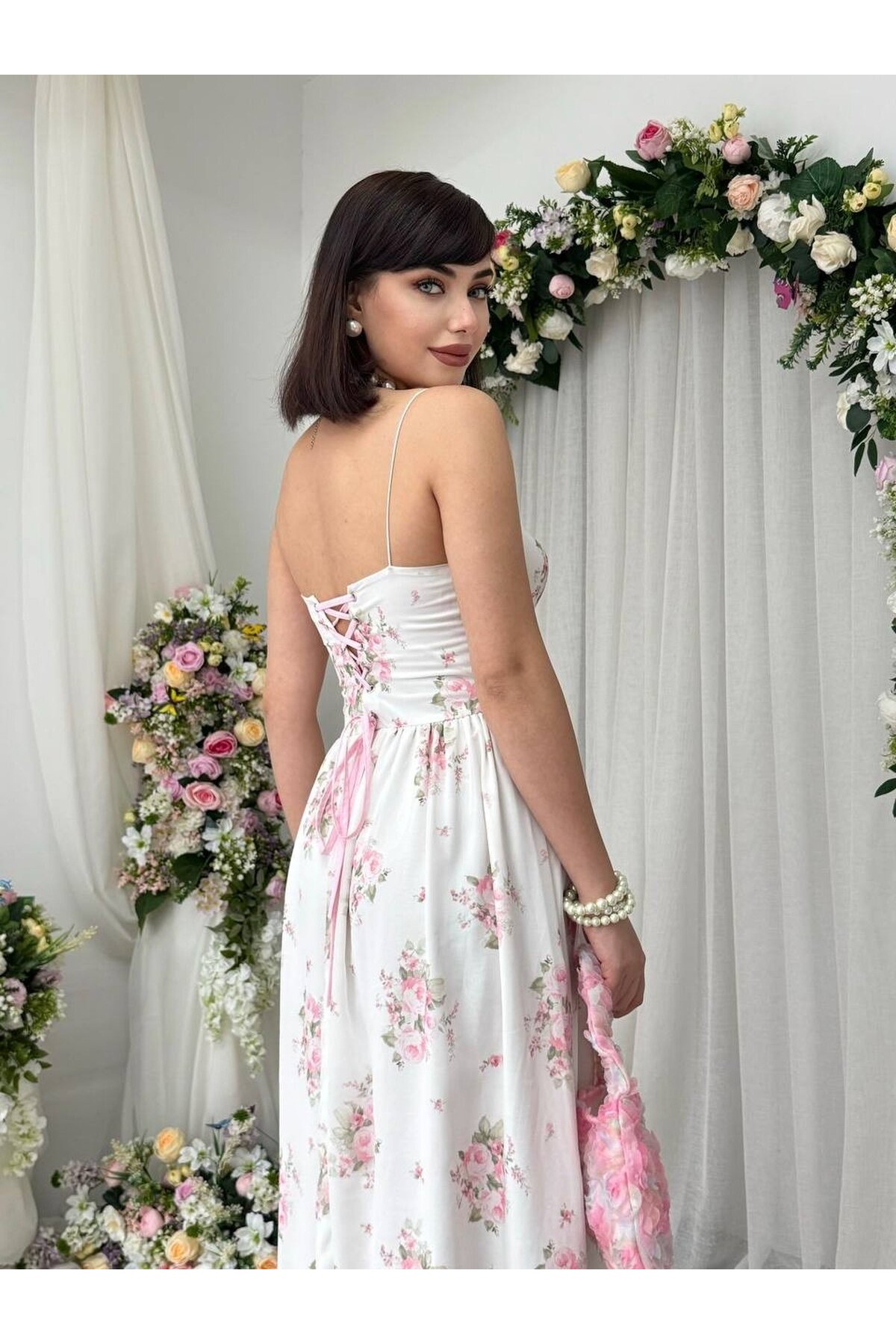 Vrone Bağcık Detaylı Elbise ETK-00860-cicek-desen