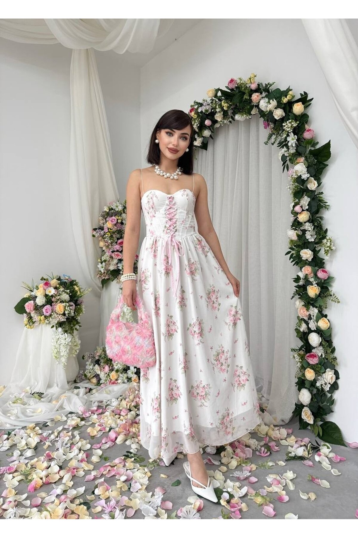 Vrone Bağcık Detaylı Elbise ETK-00860-cicek-desen