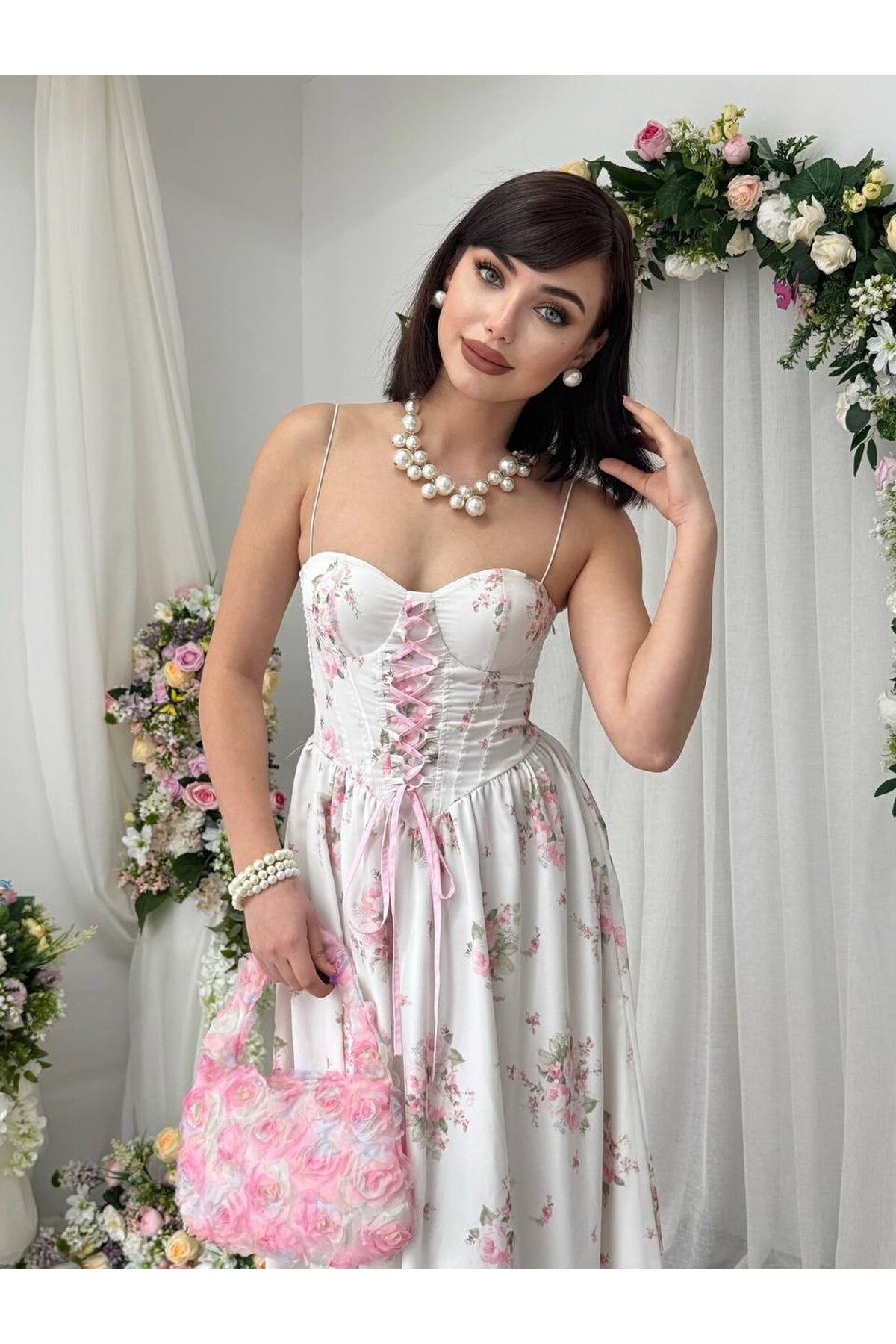 Vrone Bağcık Detaylı Elbise ETK-00860-cicek-desen