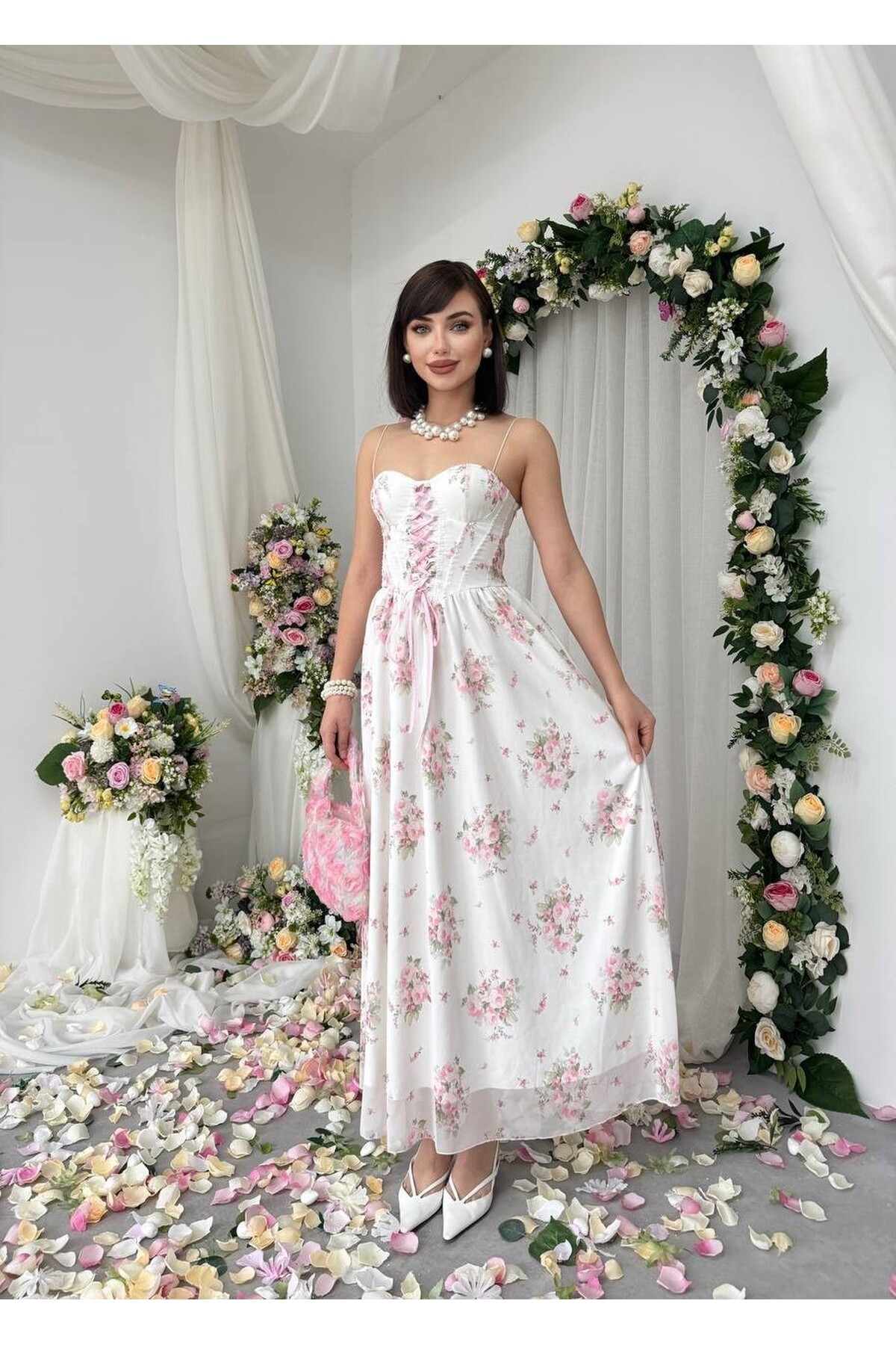 Vrone Bağcık Detaylı Elbise ETK-00860-cicek-desen