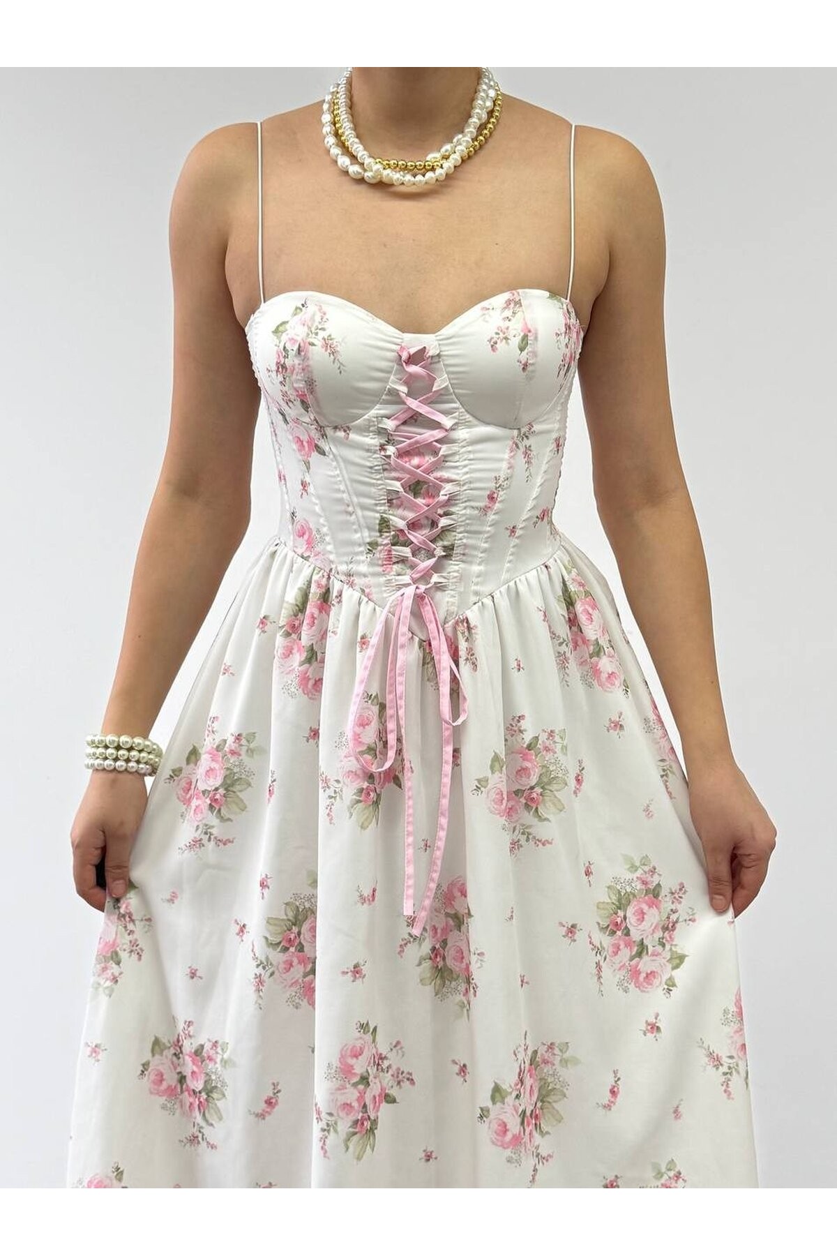 Vrone Bağcık Detaylı Elbise ETK-00860-cicek-desen