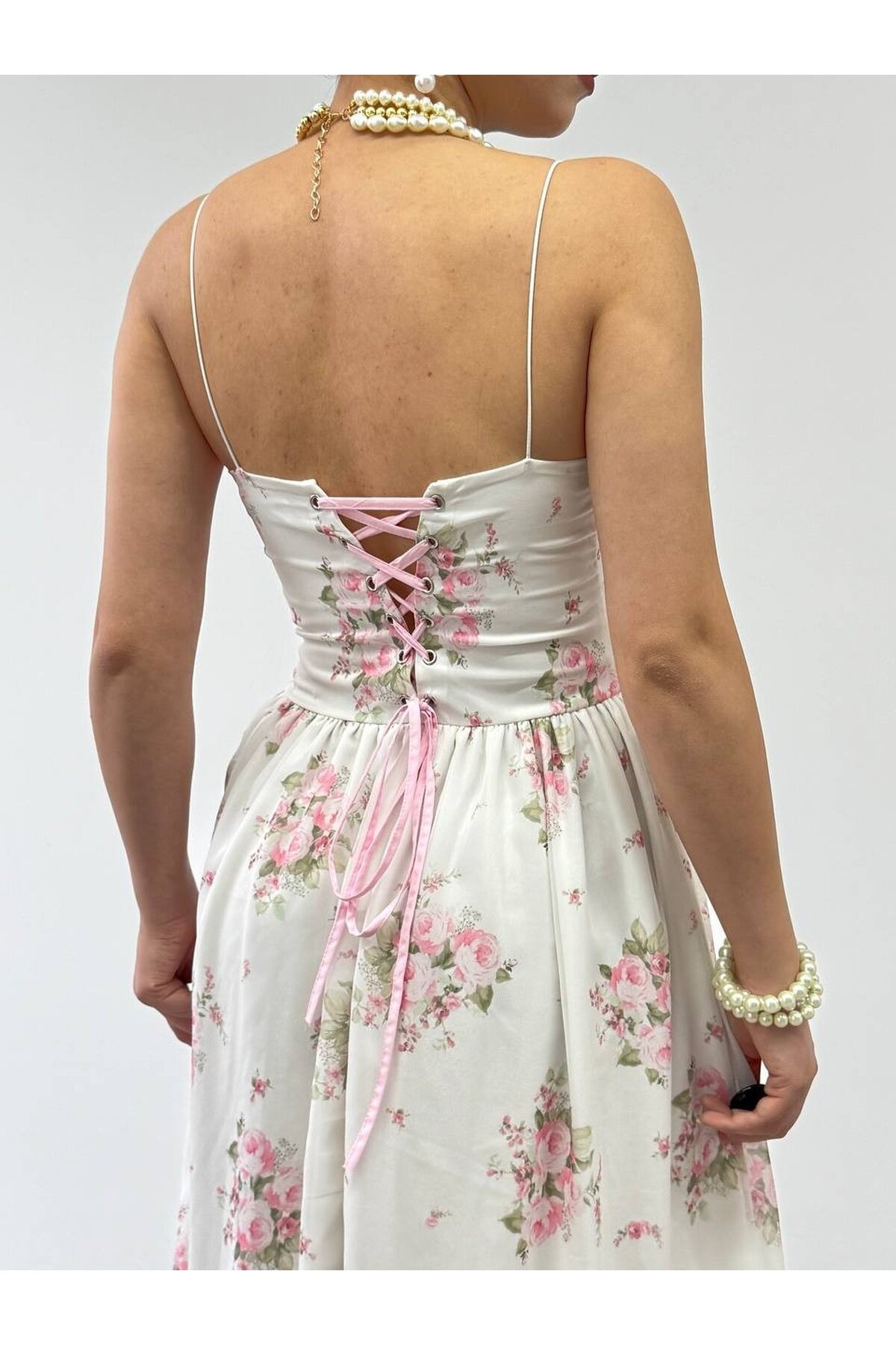 Vrone Bağcık Detaylı Elbise ETK-00860-cicek-desen