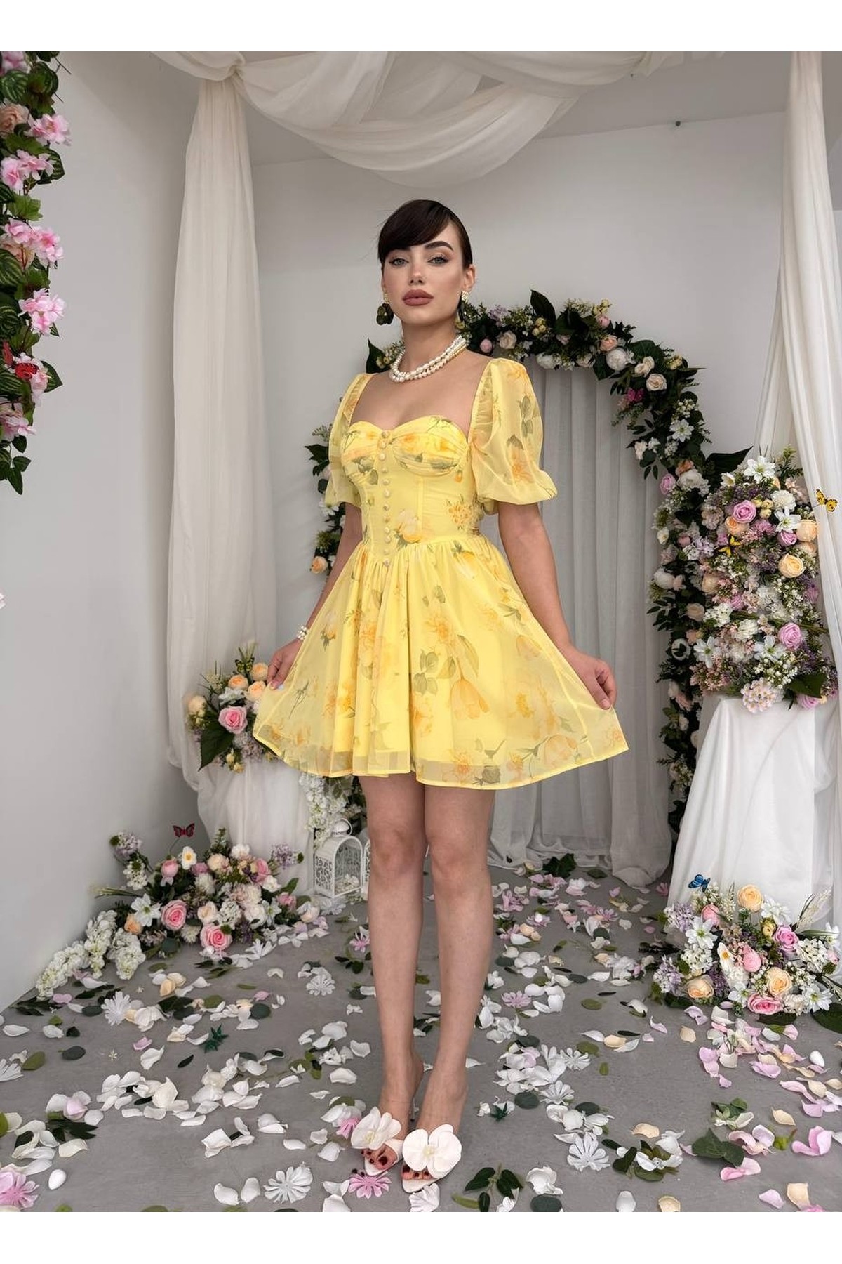 Bery Mini Elbise ETK-00861-sari