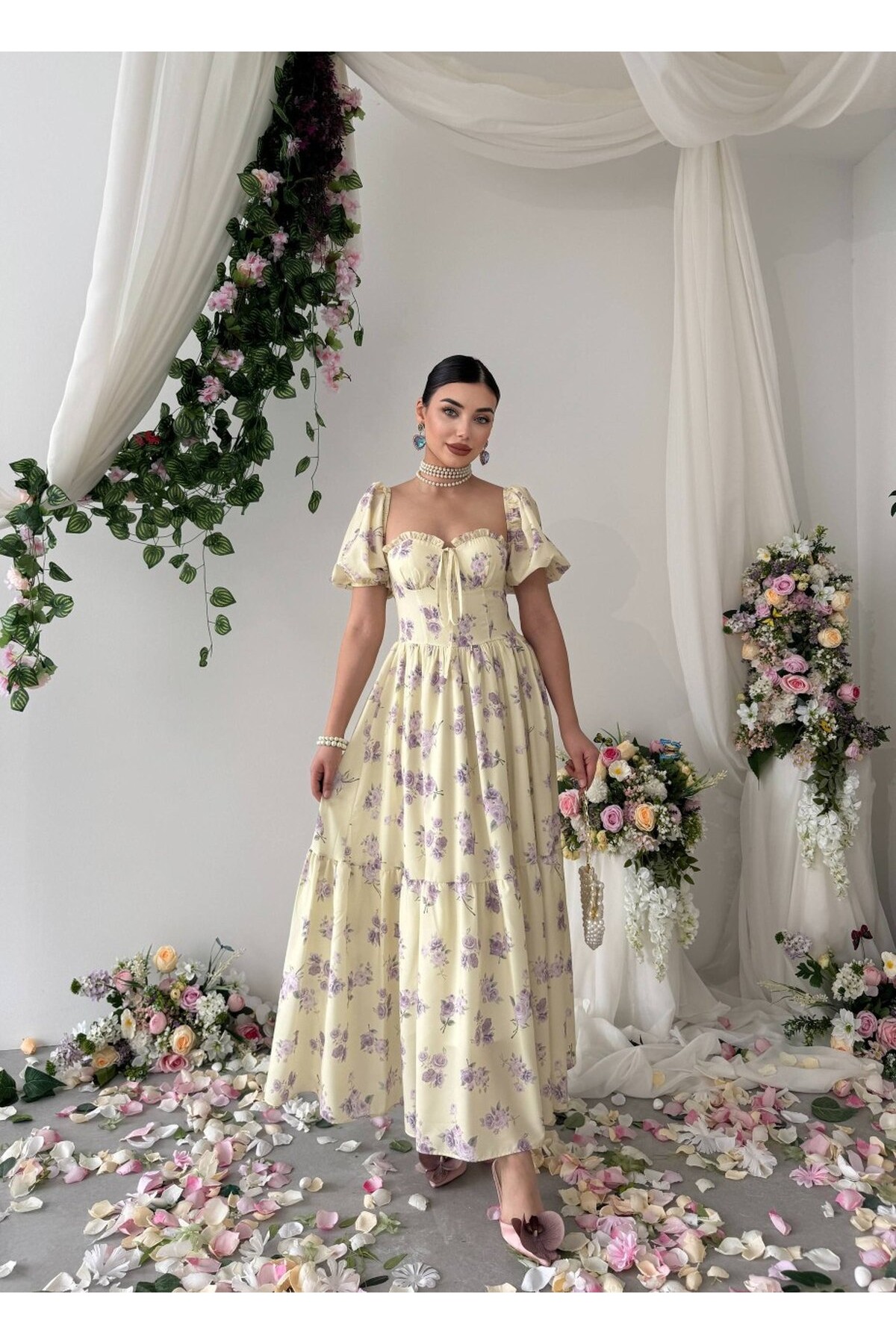 Beras Midi Elbise ETK-00862-sari