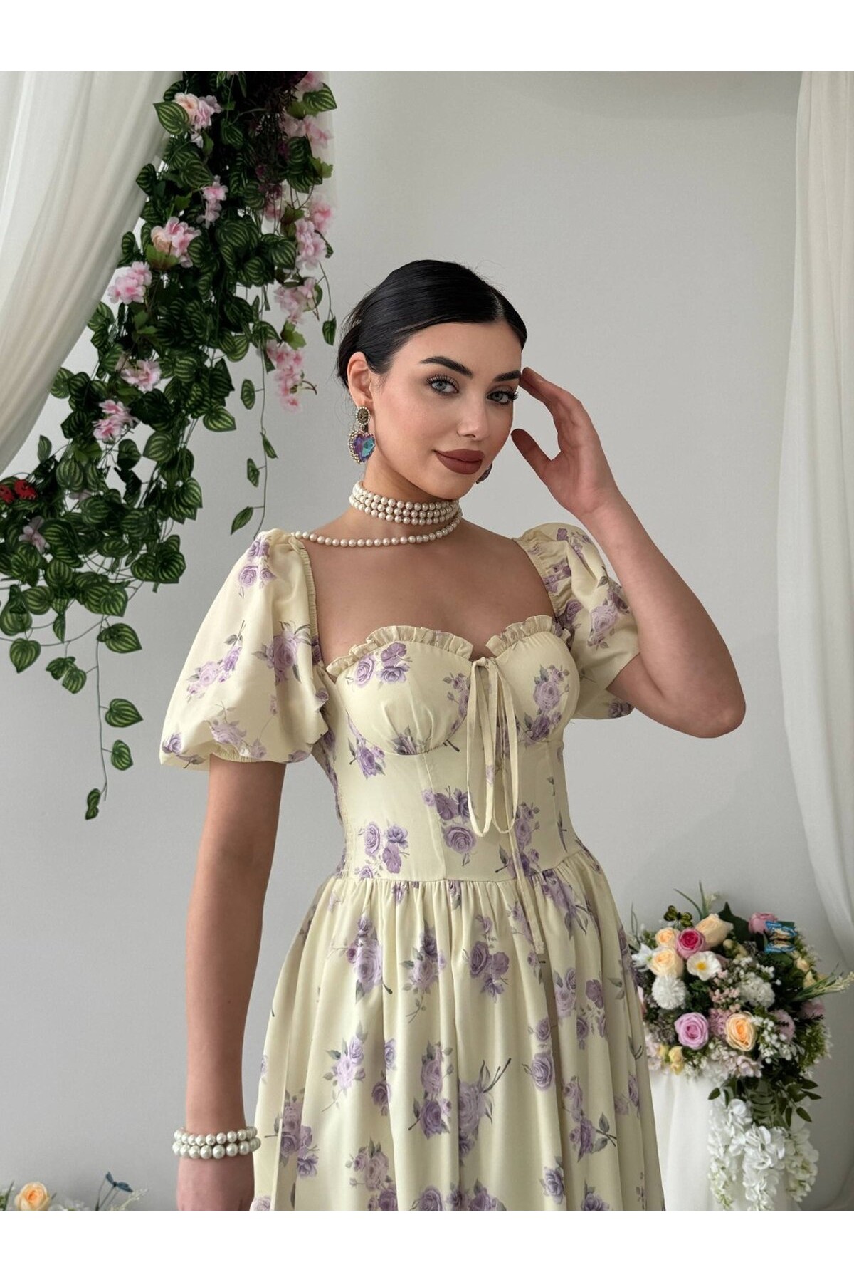 Beras Midi Elbise ETK-00862-sari