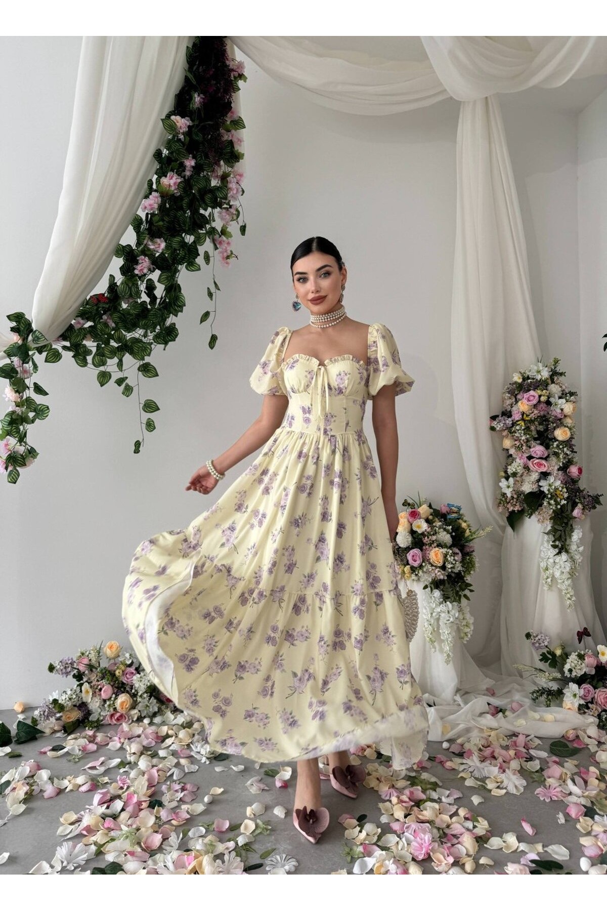 Beras Midi Elbise ETK-00862-sari