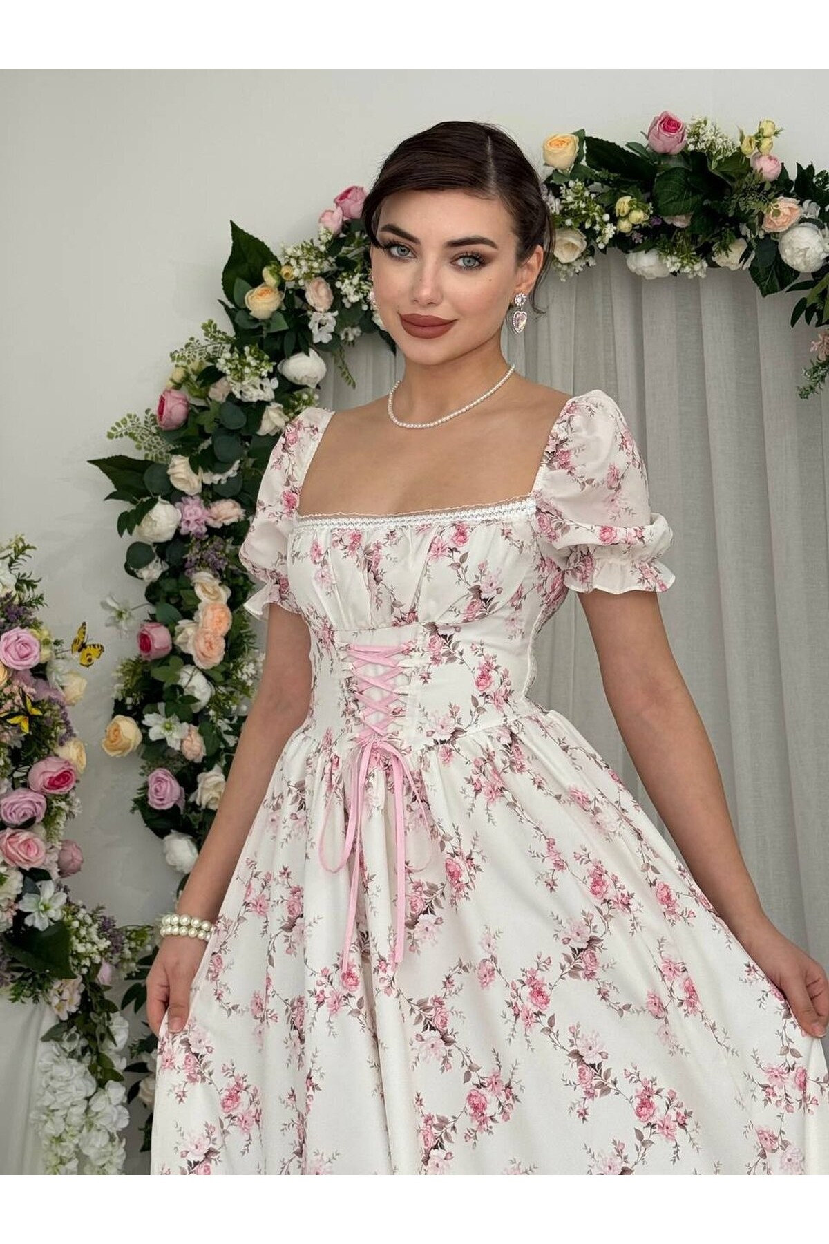 Benra Korsaj Görünümlü Elbise ETK-00877-cicek-desen