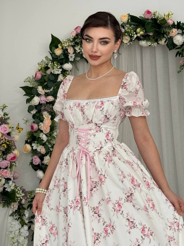 Benra Korsaj Görünümlü Elbise ETK-00877-cicek-desen