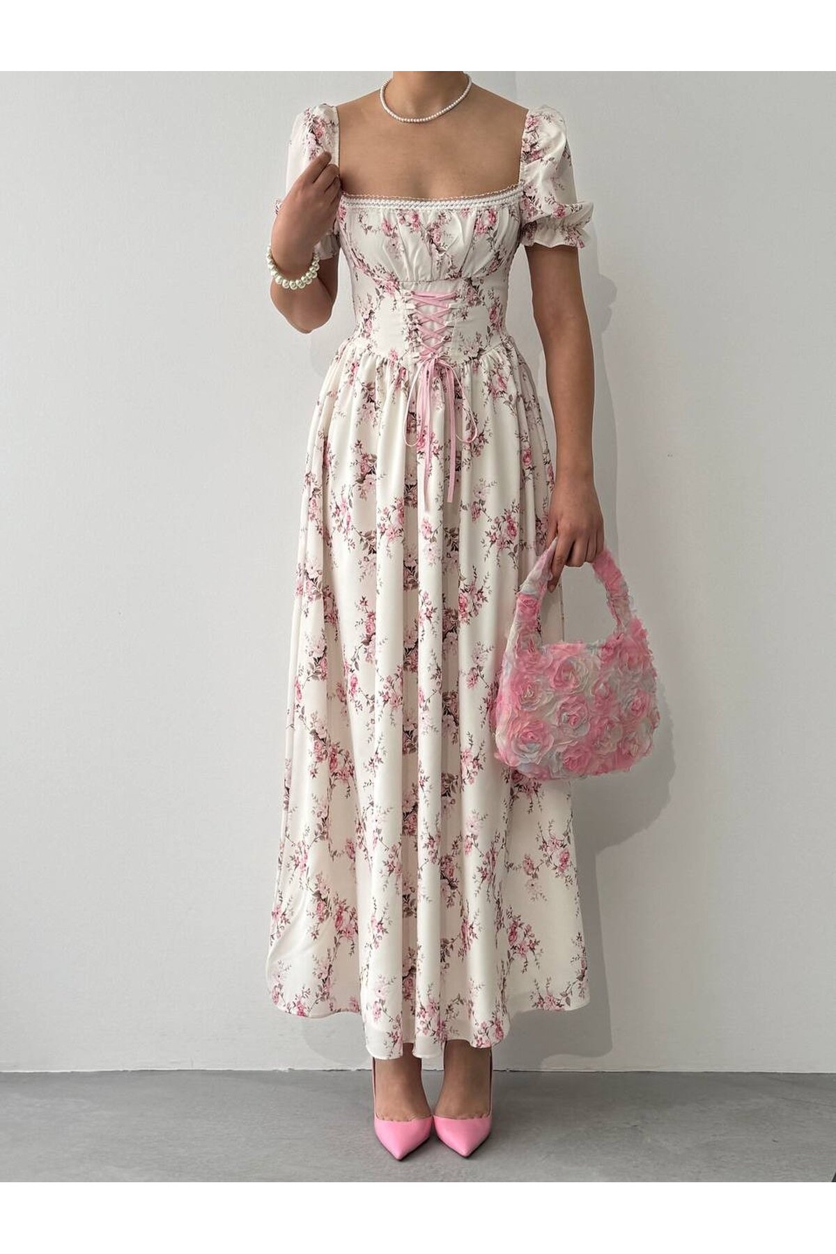 Benra Korsaj Görünümlü Elbise ETK-00877-cicek-desen