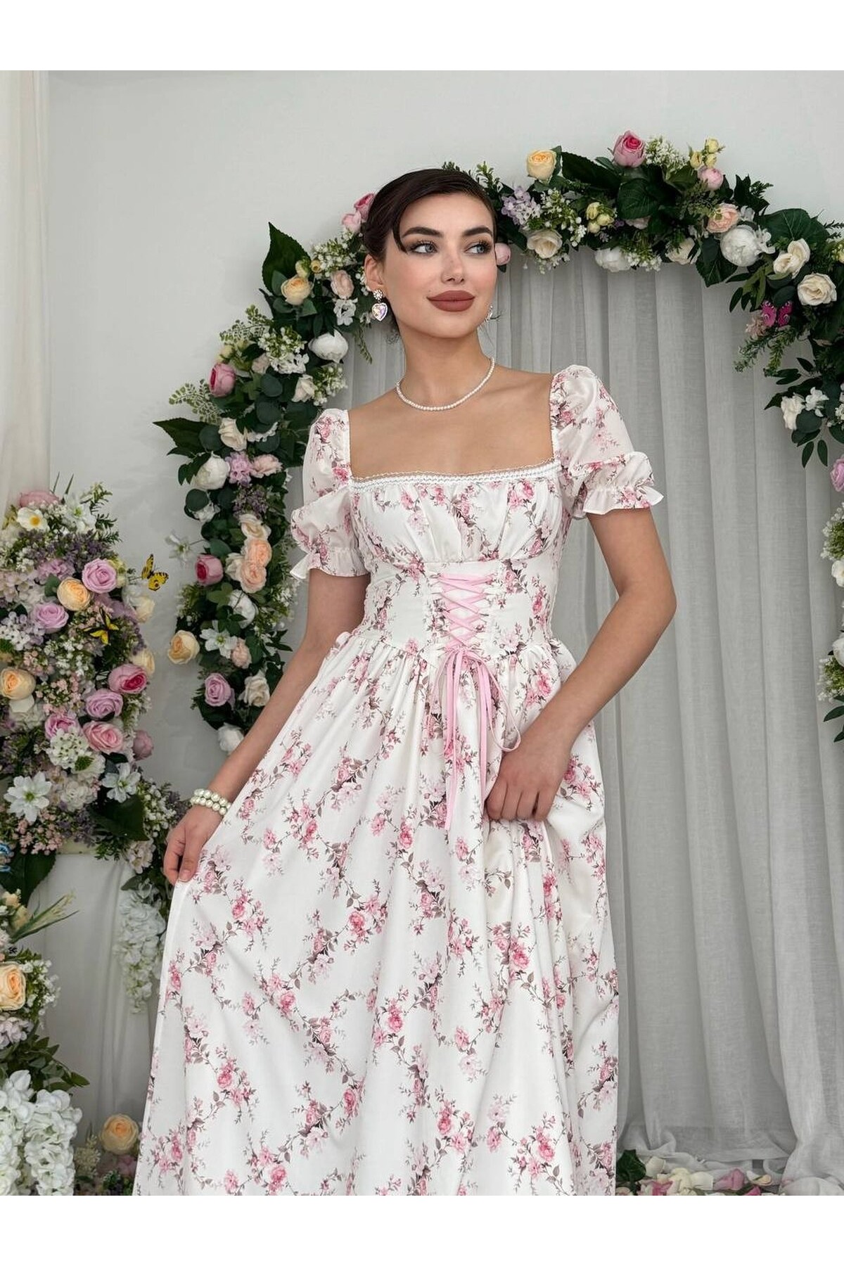 Benra Korsaj Görünümlü Elbise ETK-00877-cicek-desen