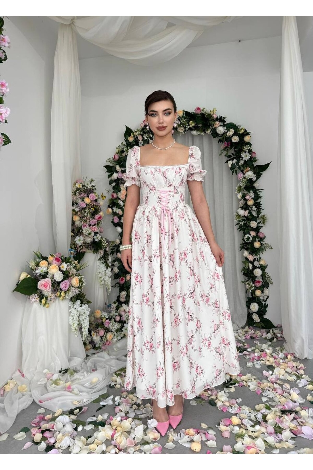 Benra Korsaj Görünümlü Elbise ETK-00877-cicek-desen