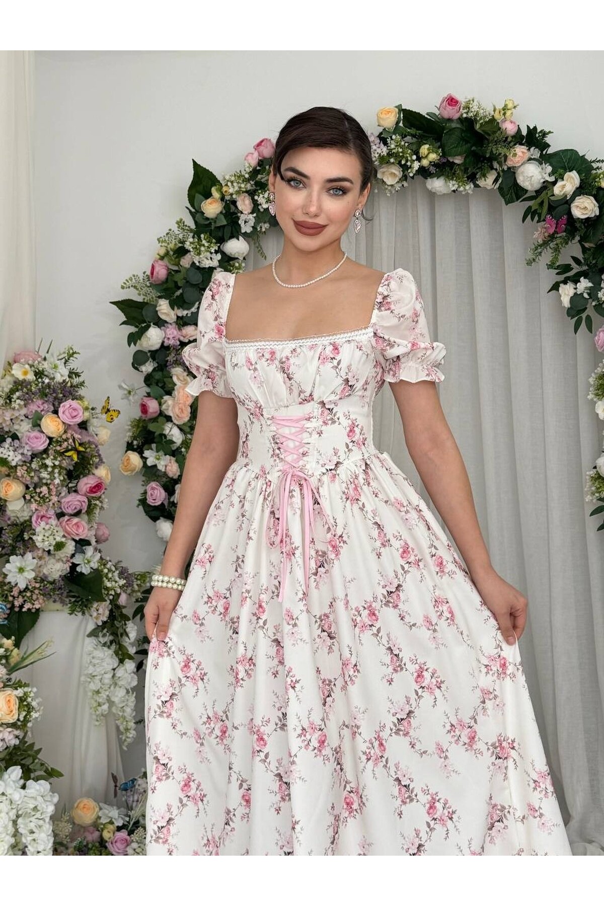 Benra Korsaj Görünümlü Elbise ETK-00877-cicek-desen