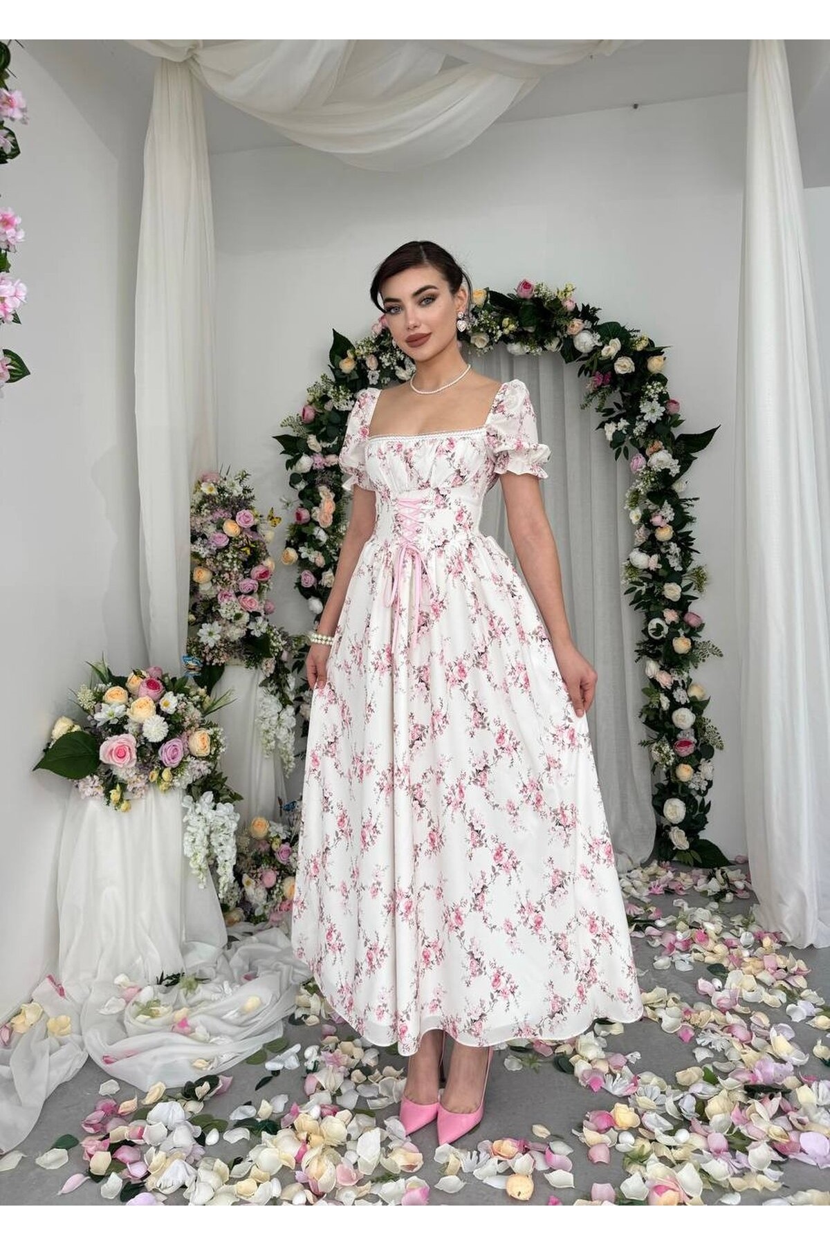 Benra Korsaj Görünümlü Elbise ETK-00877-cicek-desen