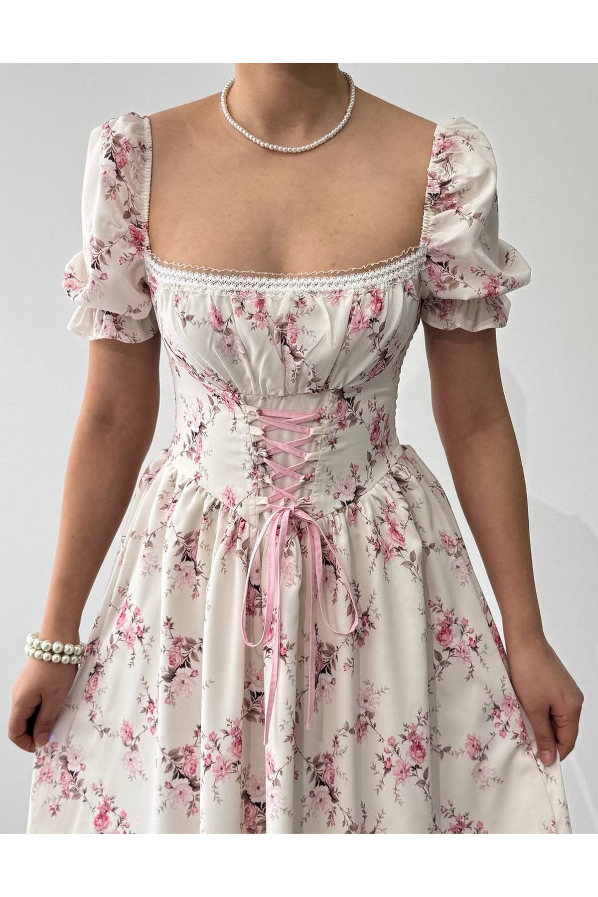 Benra Korsaj Görünümlü Elbise ETK-00877-cicek-desen
