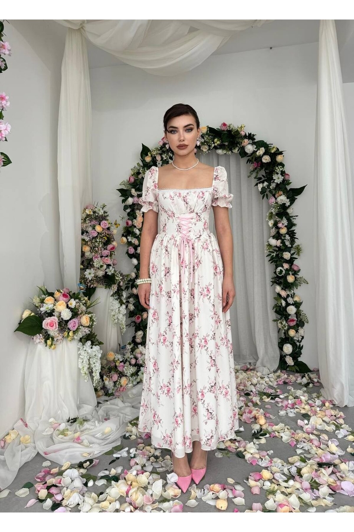 Benra Korsaj Görünümlü Elbise ETK-00877-cicek-desen