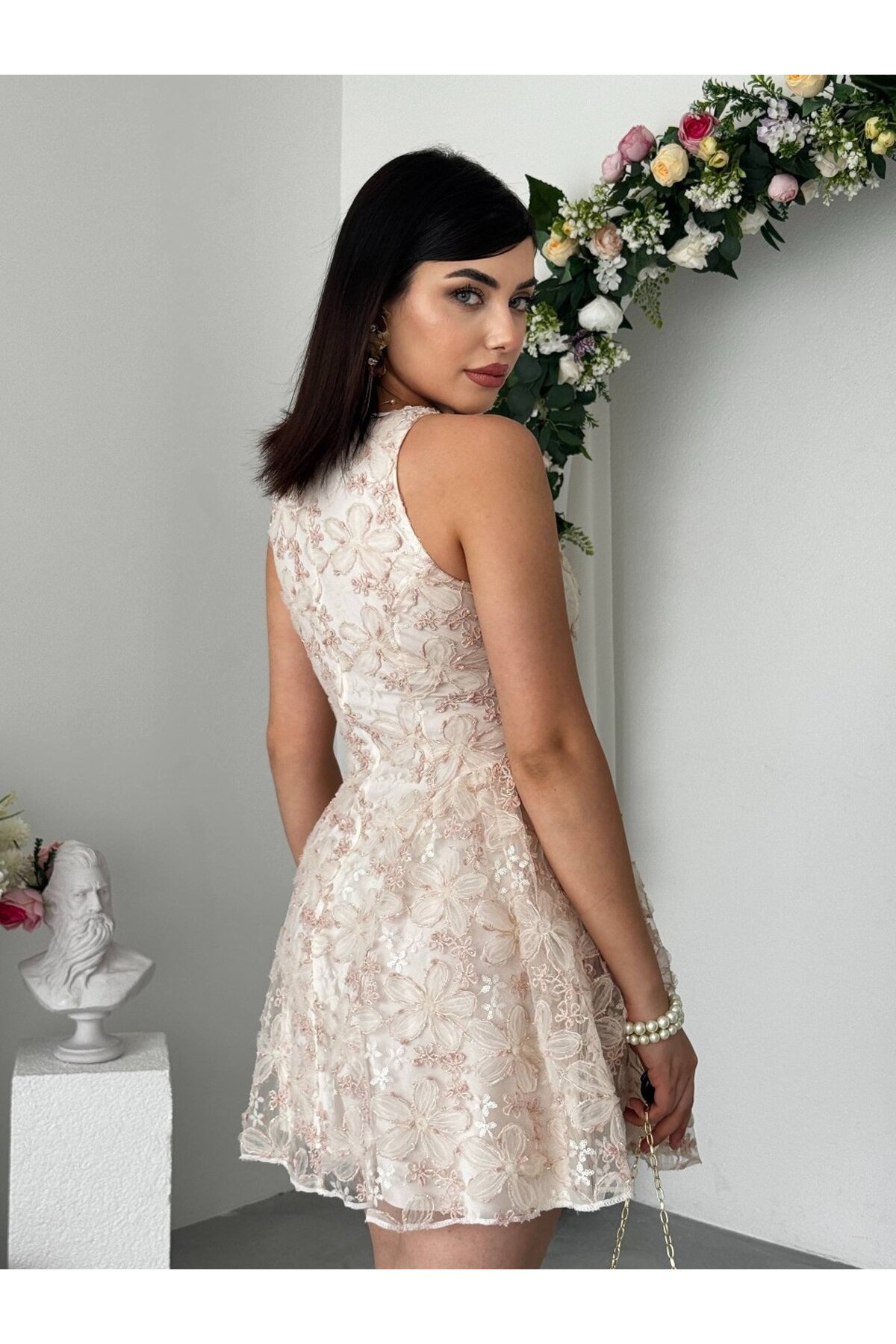 Oyul Çiçek Desenli Elbise ETK-00883-pembe