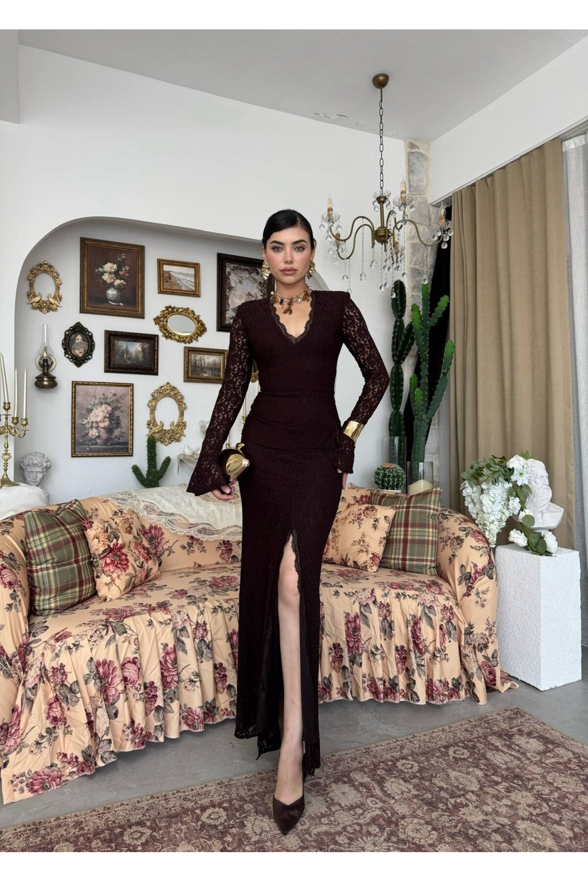 Ruyon Yırtmaç Detaylı Elbise ETK-00890-kahve