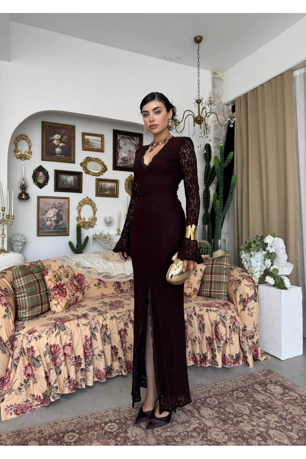 Ruyon Yırtmaç Detaylı Elbise ETK-00890-kahve