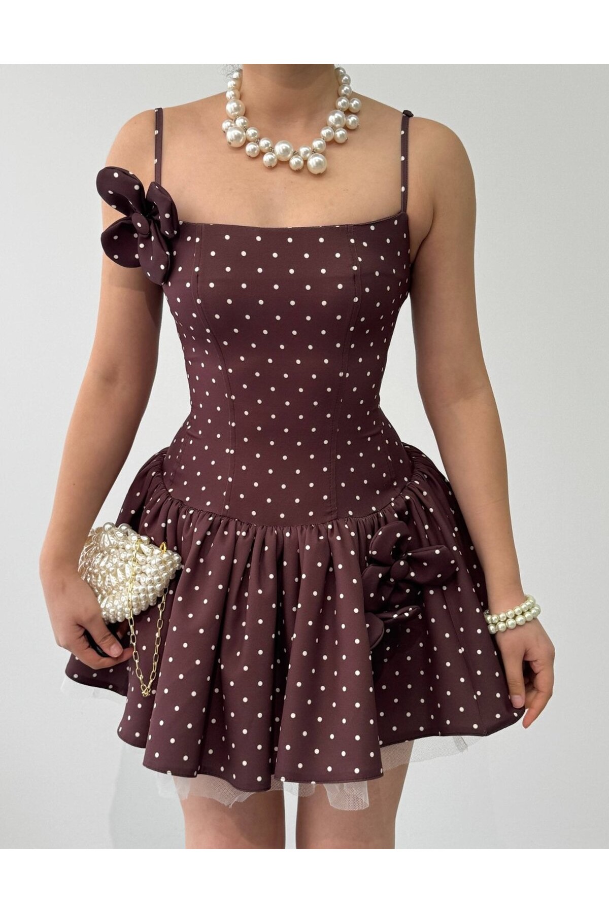 Keraj Çiçek Detaylı Elbise ETK-00906-kahve