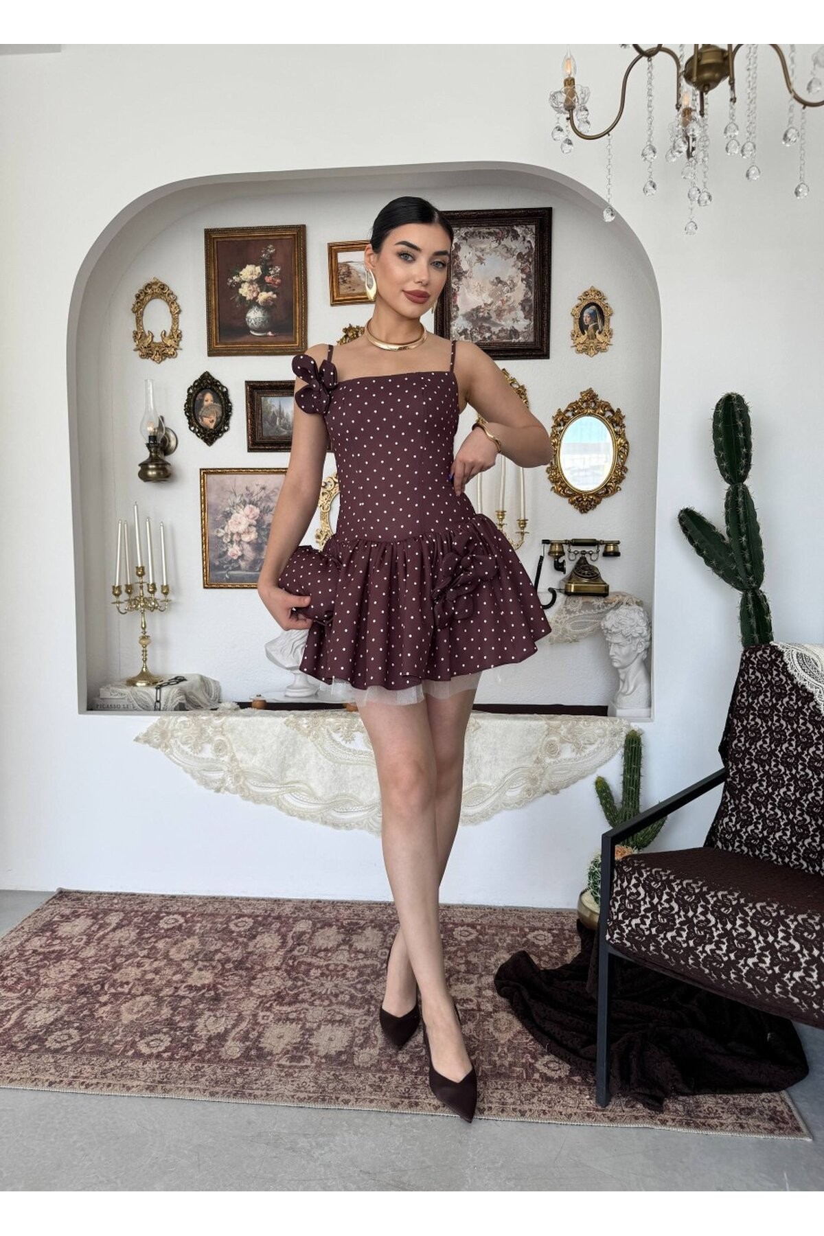 Keraj Çiçek Detaylı Elbise ETK-00906-kahve