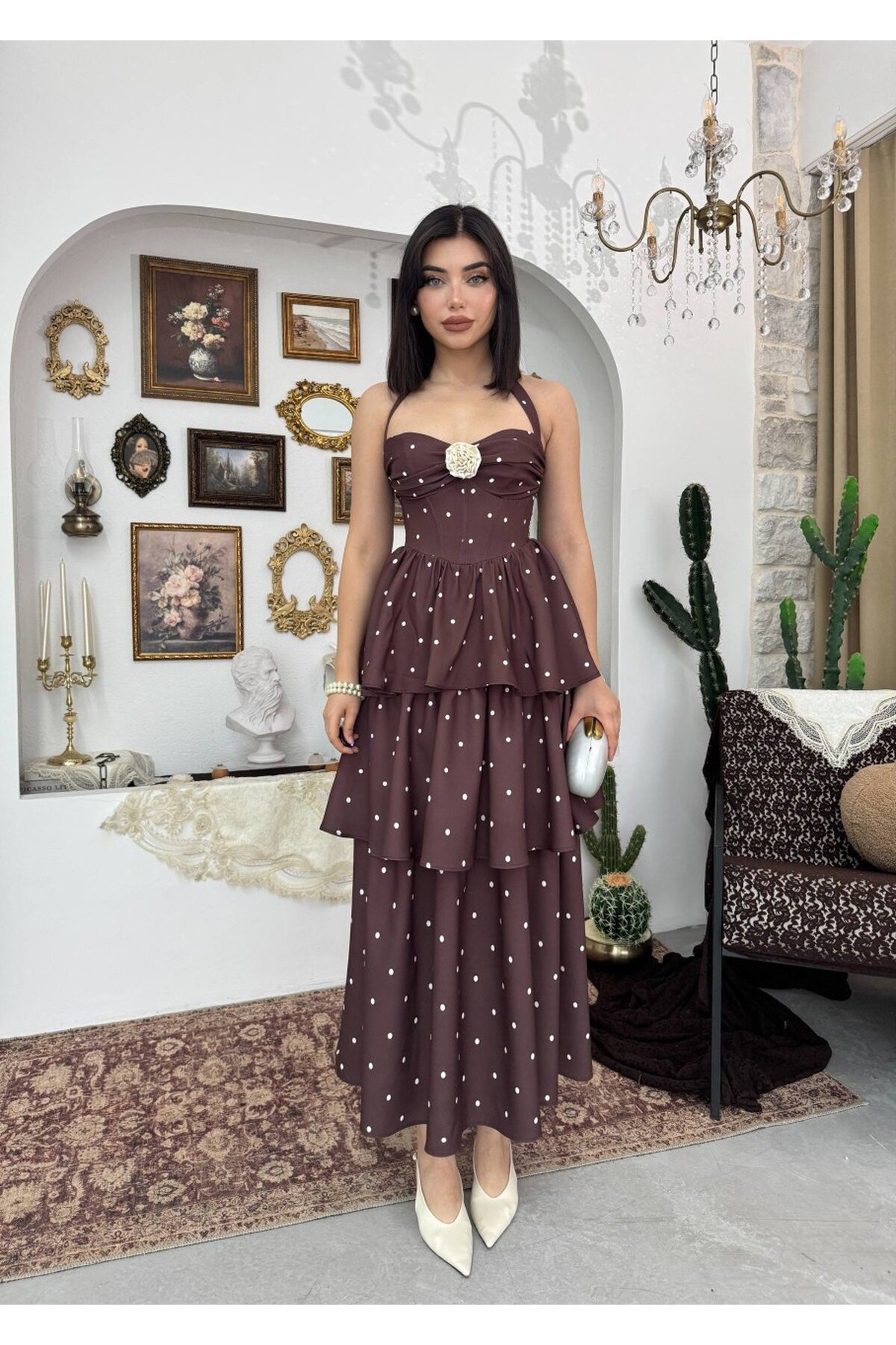 Sernu Gül Detaylı Elbise ETK-00908-kahve