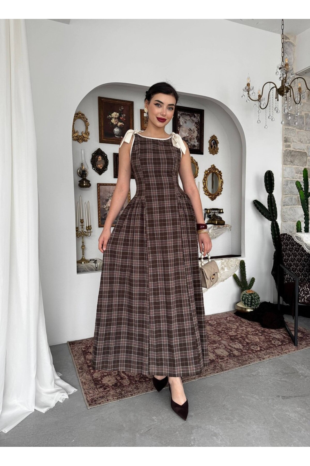 Mumu Fiyonk Detaylı Elbise ETK-00917-kahve