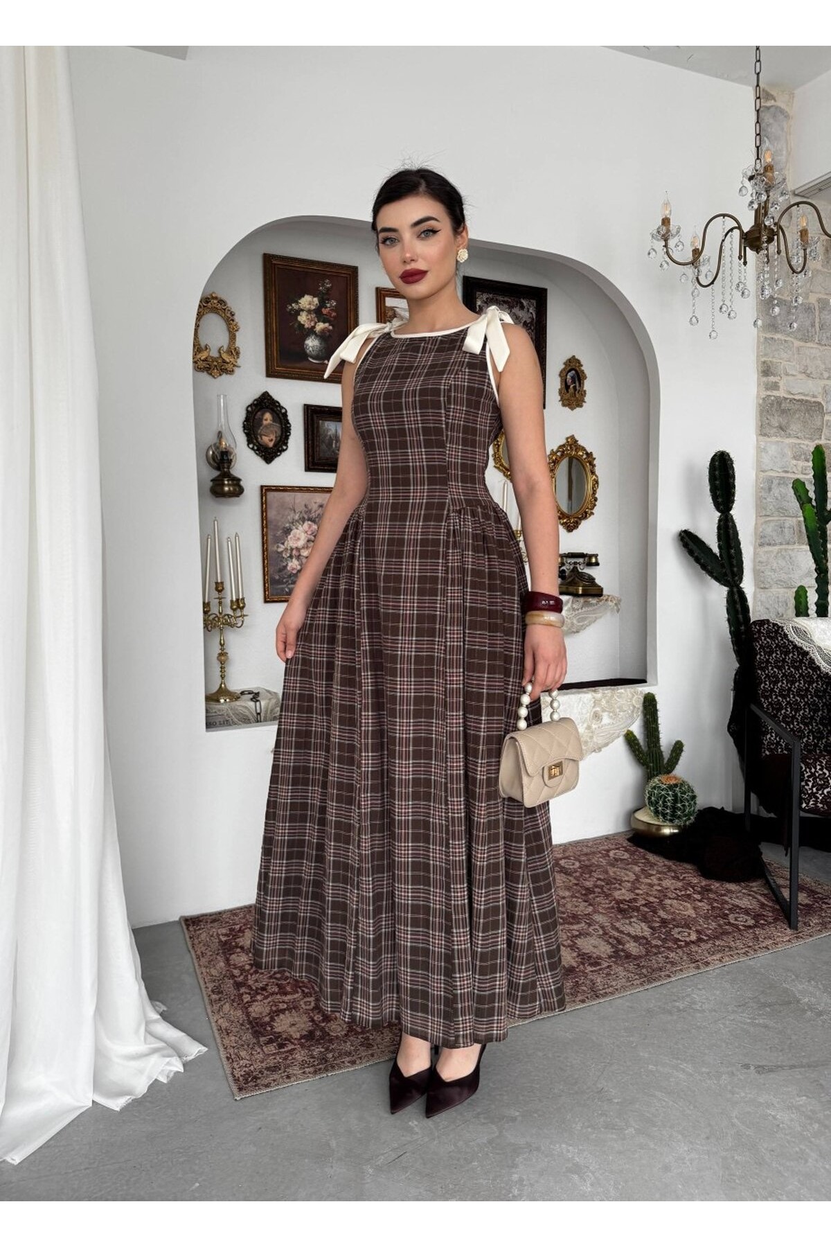 Mumu Fiyonk Detaylı Elbise ETK-00917-kahve