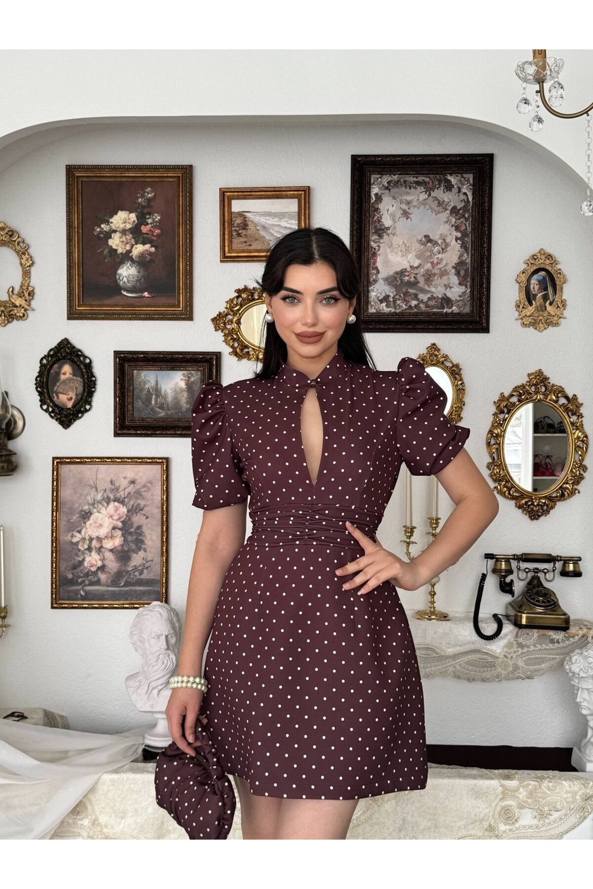 Yues Cut Out Detaylı Elbise ETK-00924-kahve