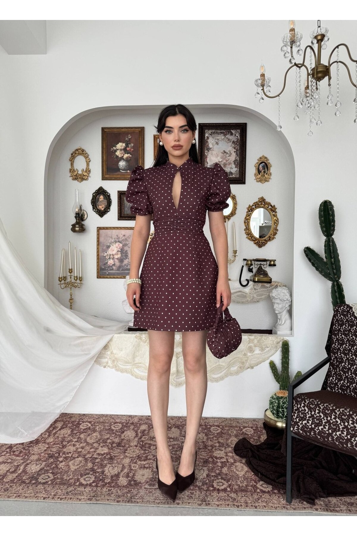 Yues Cut Out Detaylı Elbise ETK-00924-kahve