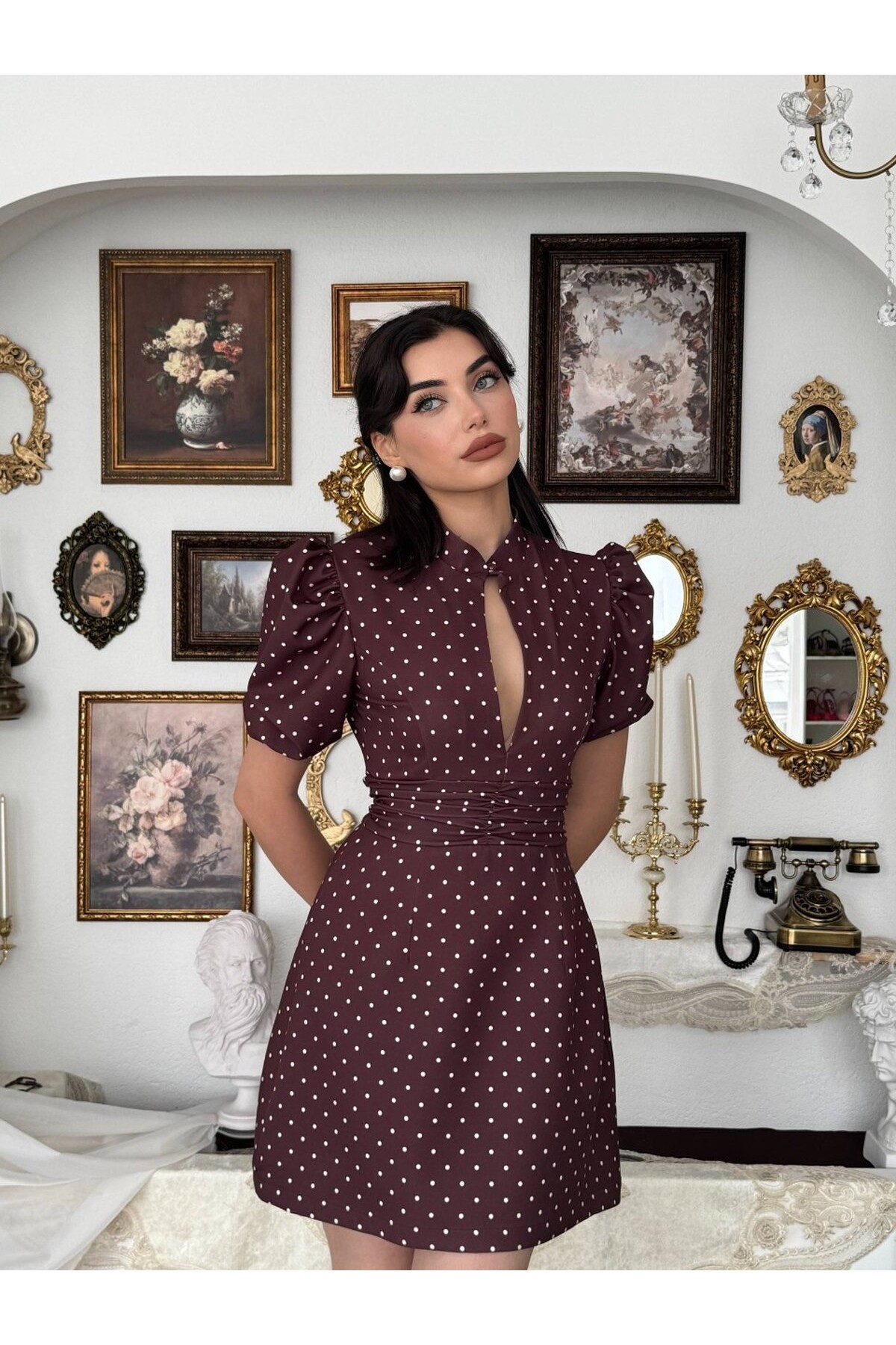 Yues Cut Out Detaylı Elbise ETK-00924-kahve