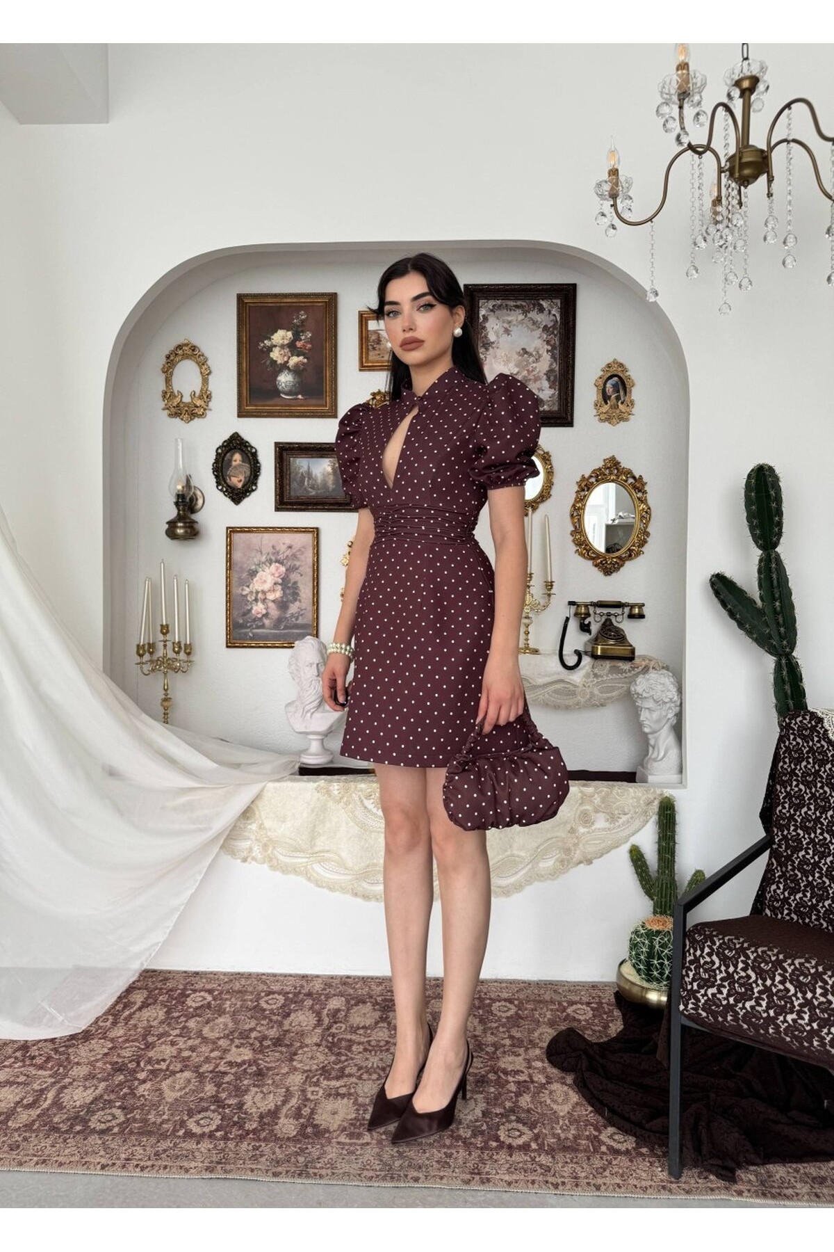 Yues Cut Out Detaylı Elbise ETK-00924-kahve