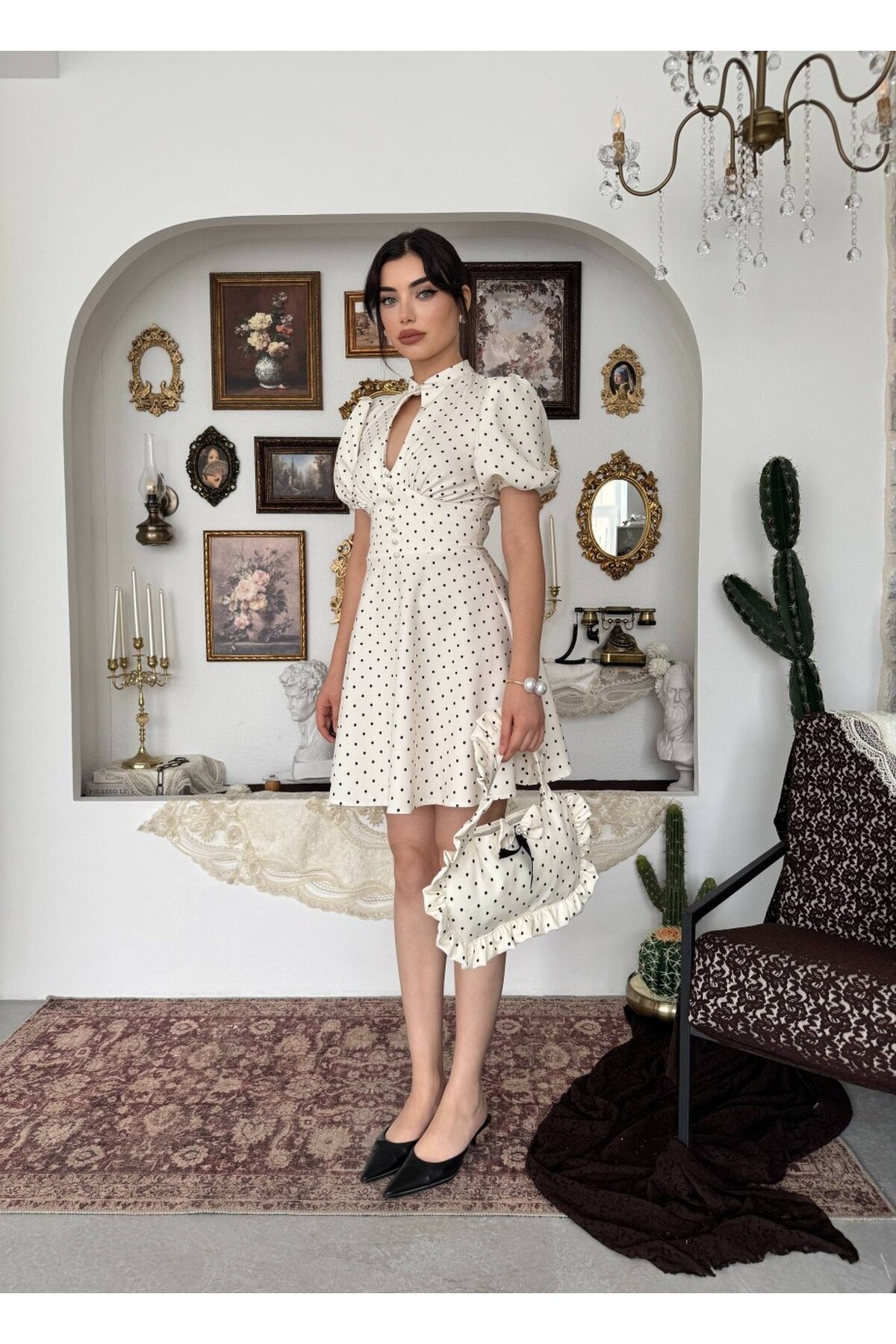 Alsace Dekolte Detaylı Elbise ETK-00925-ekru