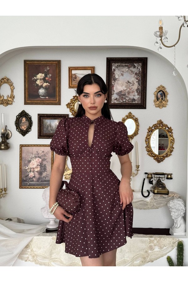 Alsace Dekolte Detaylı Elbise ETK-00925-kahve