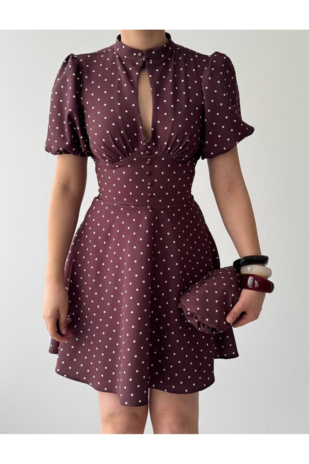 Alsace Dekolte Detaylı Elbise ETK-00925-kahve