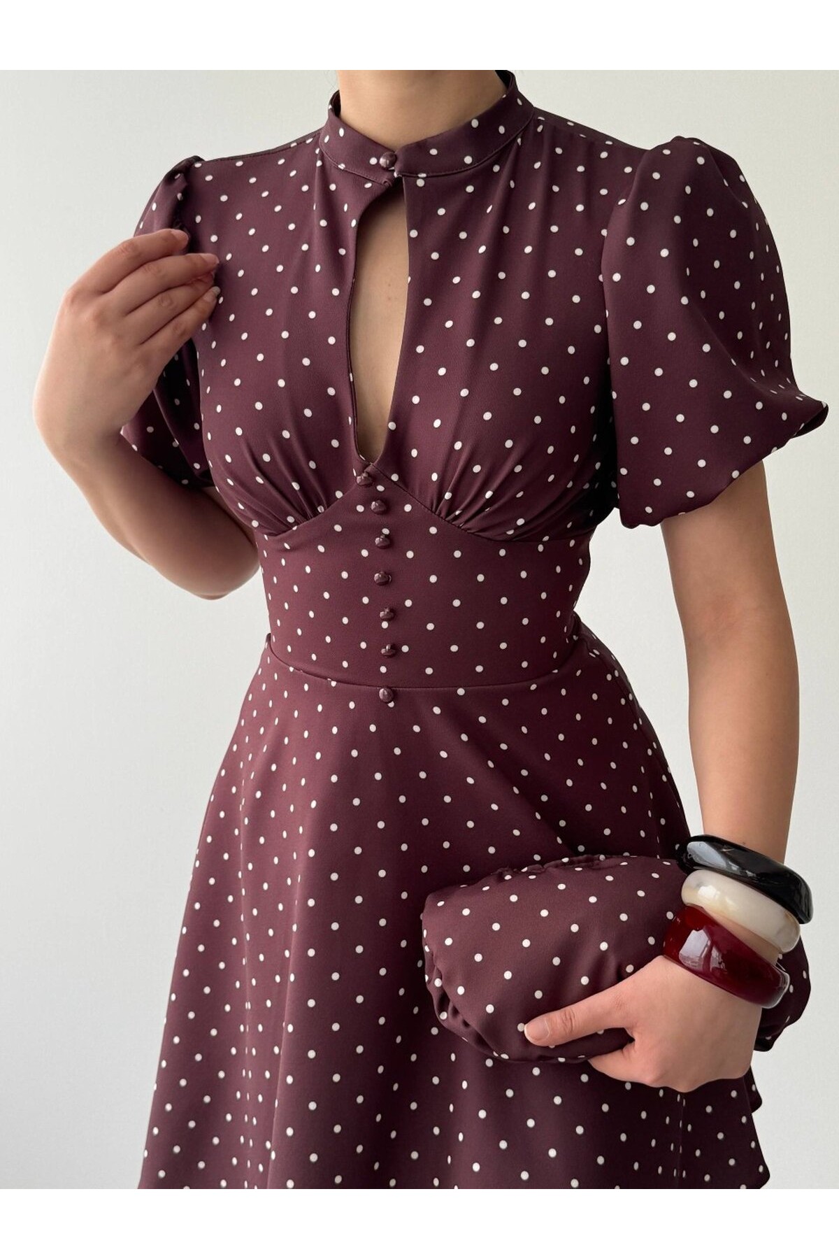 Alsace Dekolte Detaylı Elbise ETK-00925-kahve