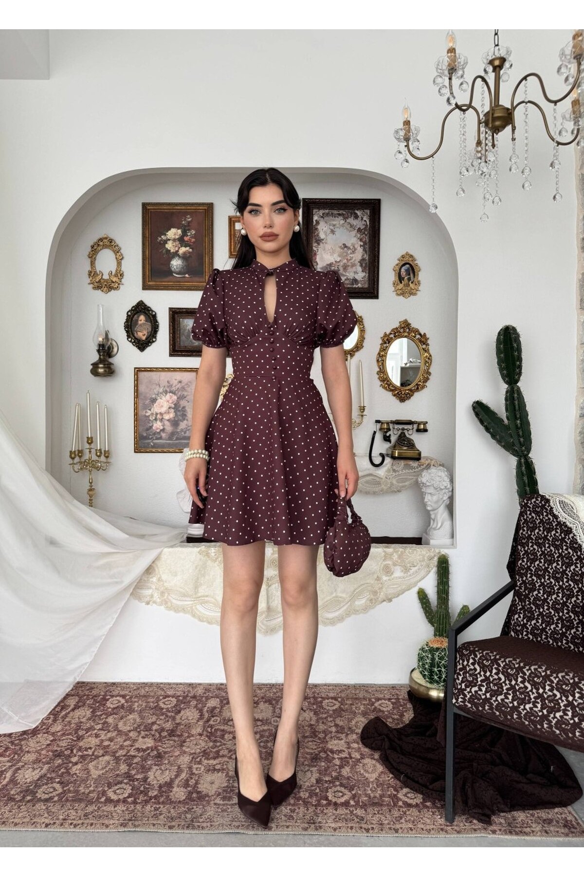 Alsace Dekolte Detaylı Elbise ETK-00925-kahve